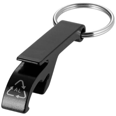 Tao fles- en blikopener van RCS gerecycled aluminium met sleutelhanger - Zwart